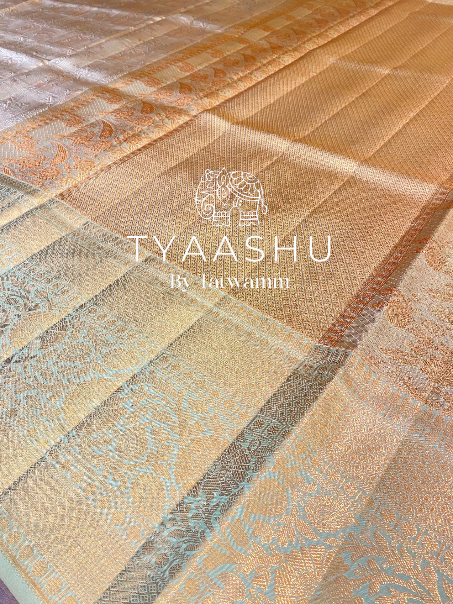 ELEGANT PASTEL GOLD AND MINT GREEN KANJIVARAM SILK SAREE