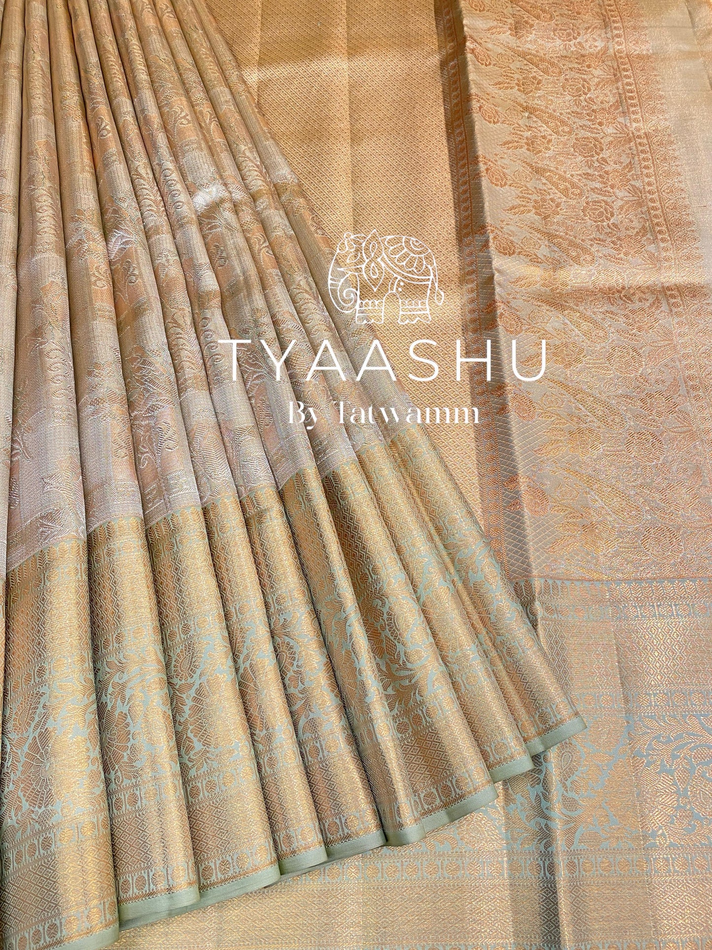 ELEGANT PASTEL GOLD AND MINT GREEN KANJIVARAM SILK SAREE