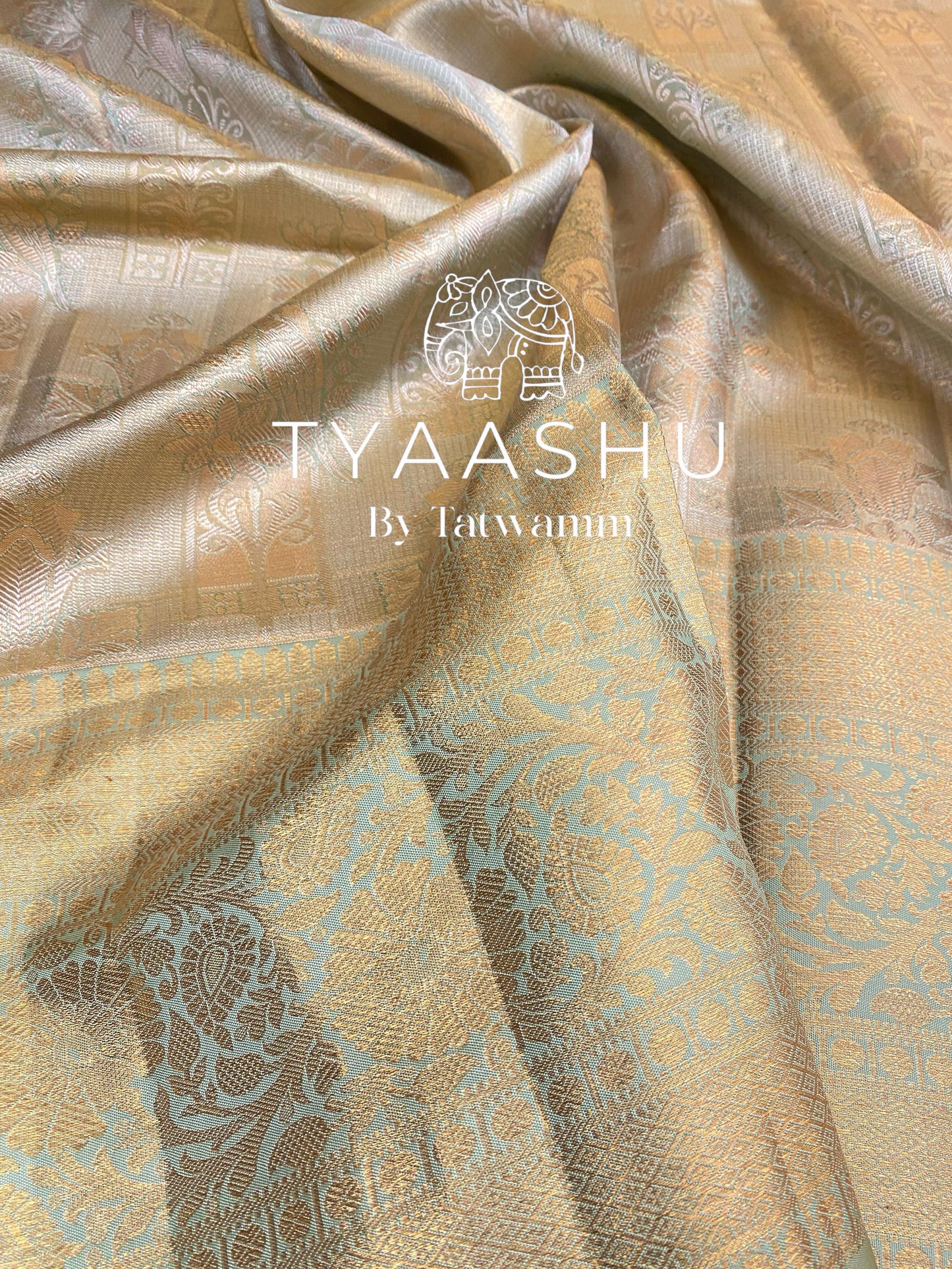 ELEGANT PASTEL GOLD AND MINT GREEN KANJIVARAM SILK SAREE