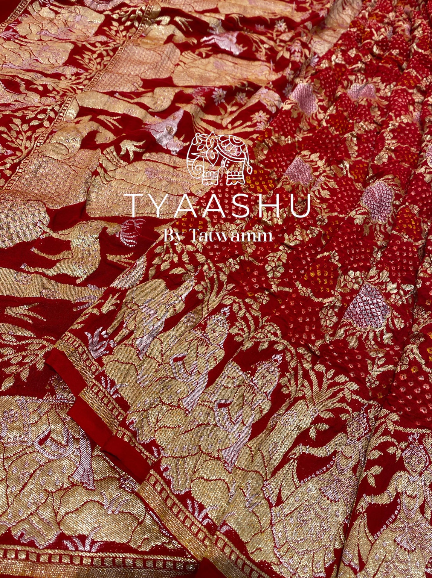 TRADITIONAL RED BANDHANI SAREE WITH ANTIQUE ZARI DETAILING