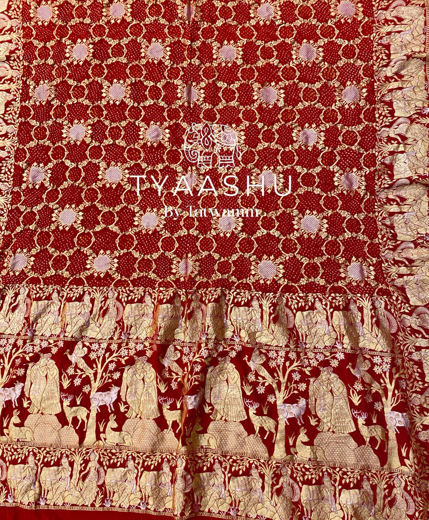 TRADITIONAL RED BANDHANI SAREE WITH ANTIQUE ZARI DETAILING