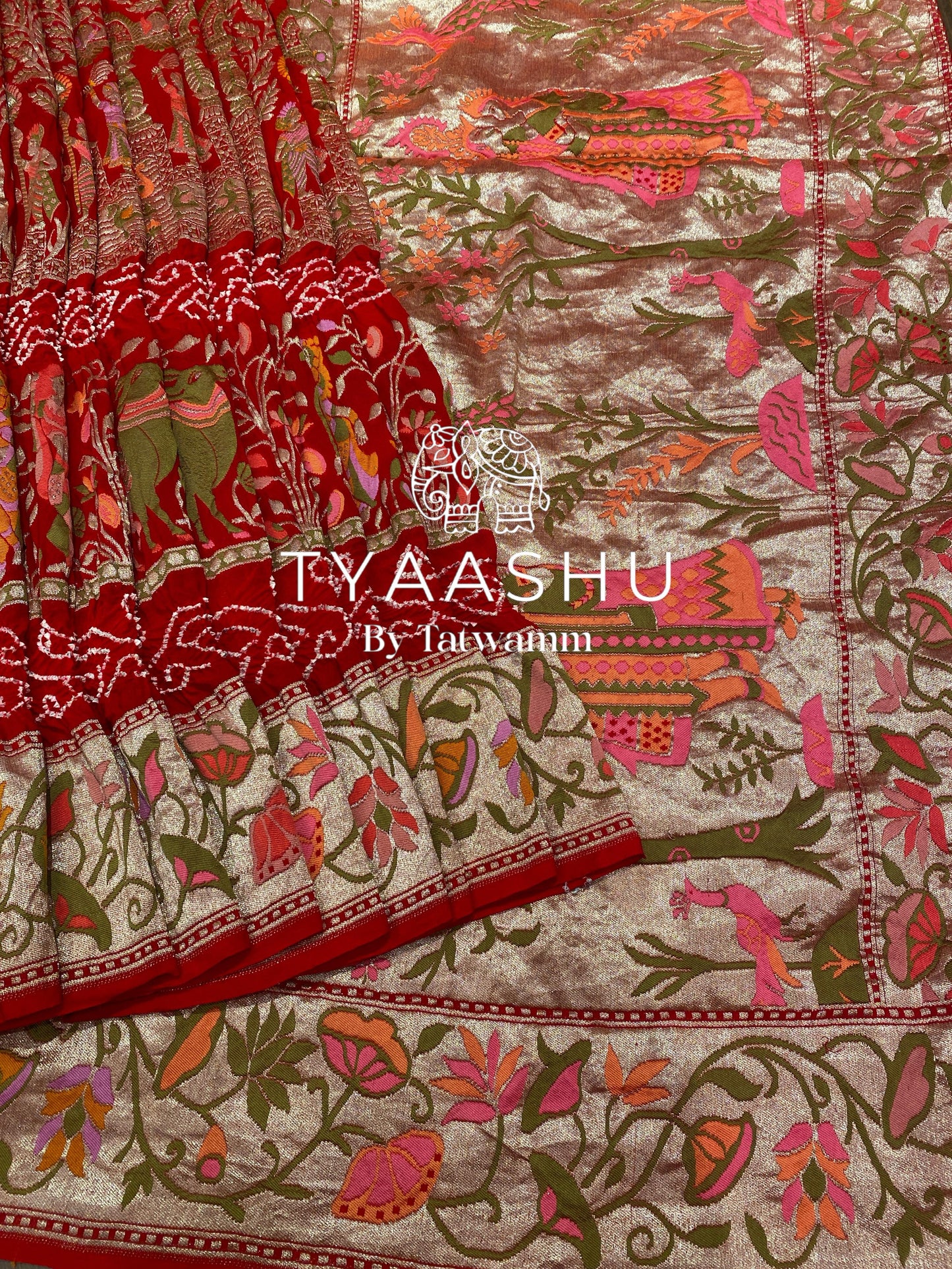 RED BANDHANI SAREE WITH INTRICATE MEENAKARI