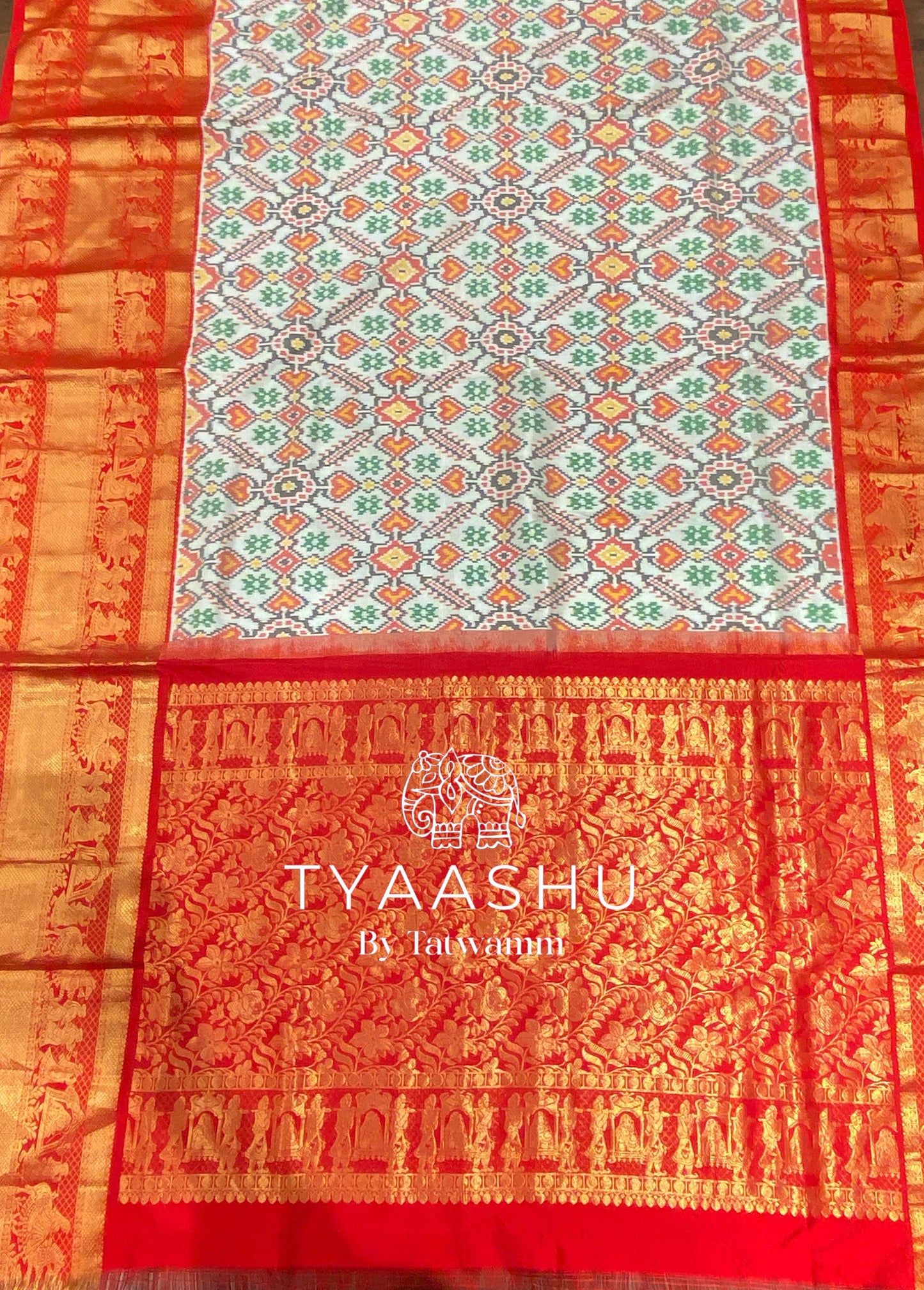 ELEGANT RED BANARASI SILK SAREE WITH MULTICOLOR IKAT PLEATS
