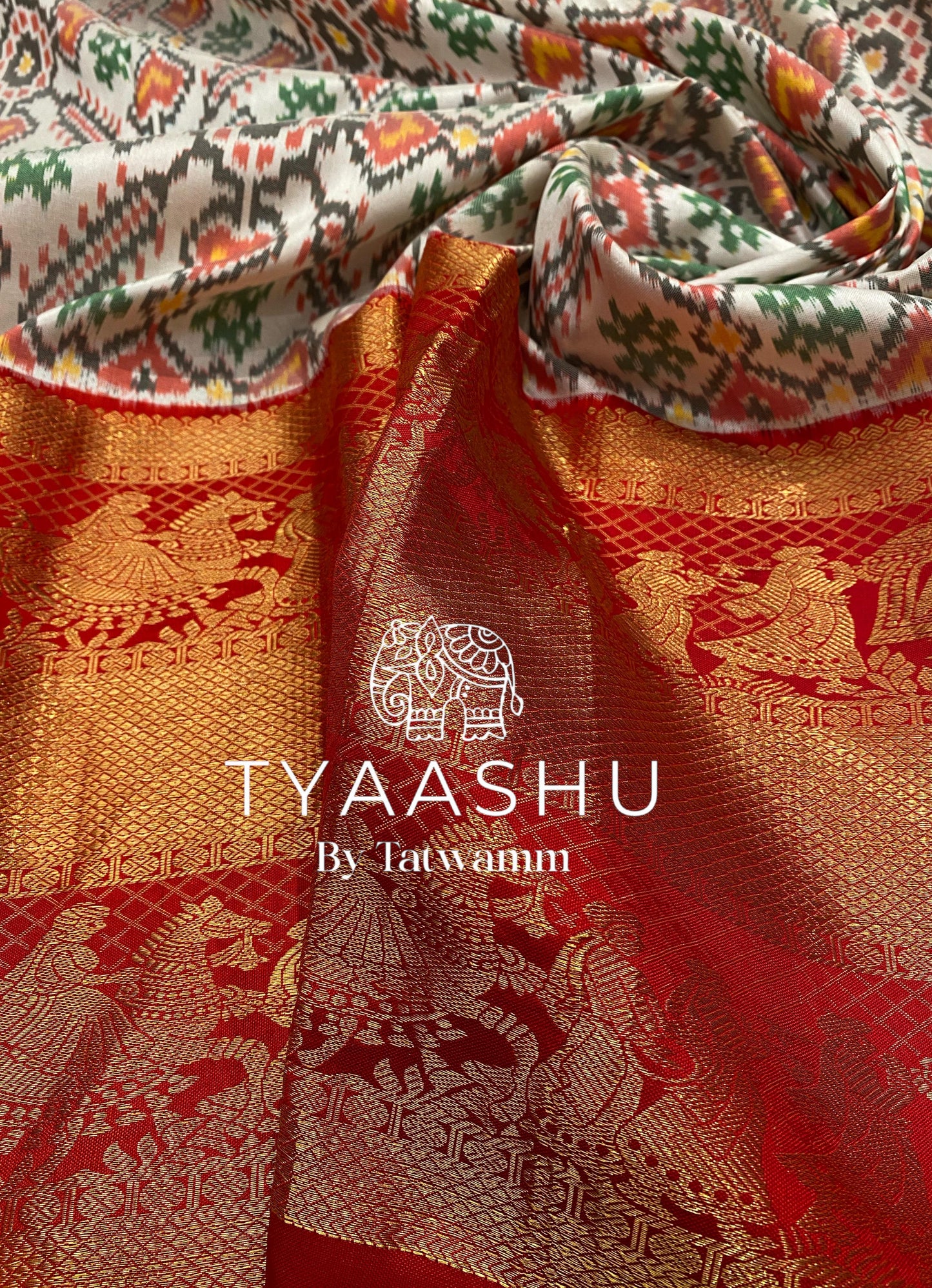 ELEGANT RED BANARASI SILK SAREE WITH MULTICOLOR IKAT PLEATS