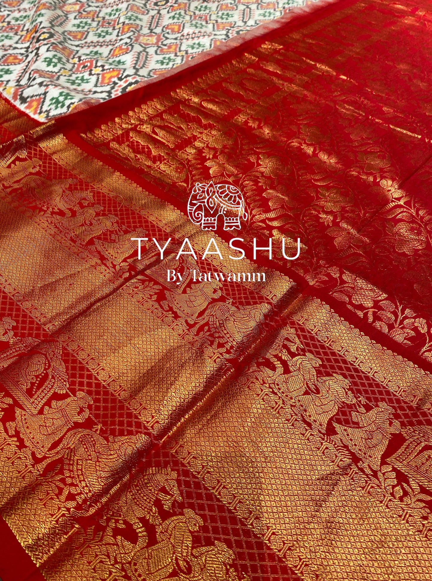 ELEGANT RED BANARASI SILK SAREE WITH MULTICOLOR IKAT PLEATS