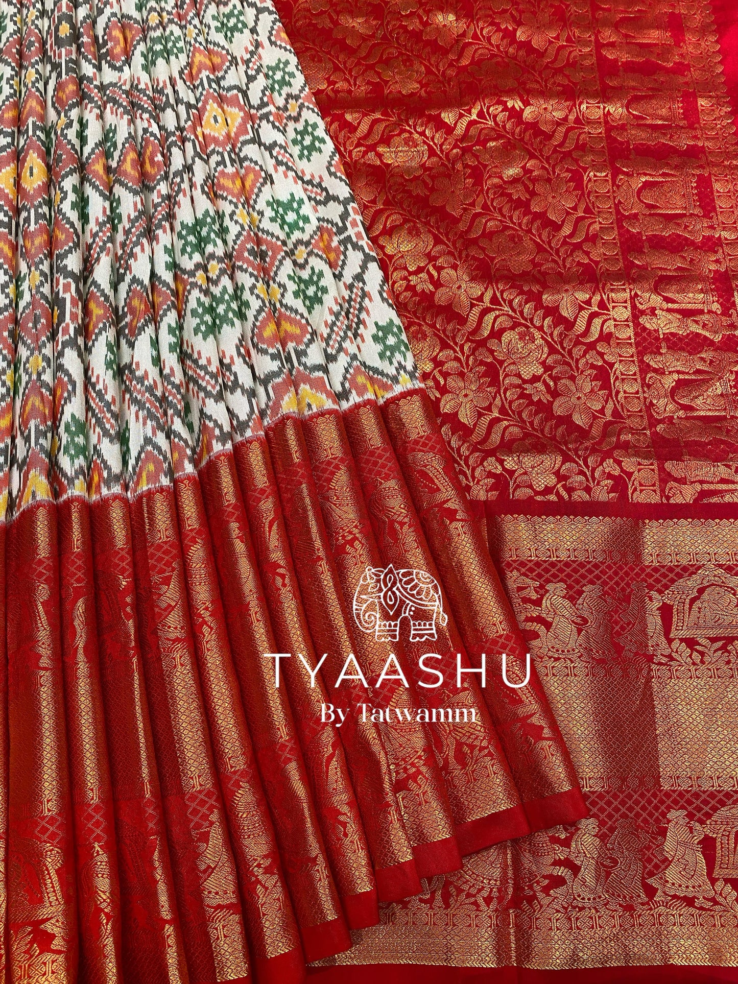 ELEGANT RED BANARASI SILK SAREE WITH MULTICOLOR IKAT PLEATS