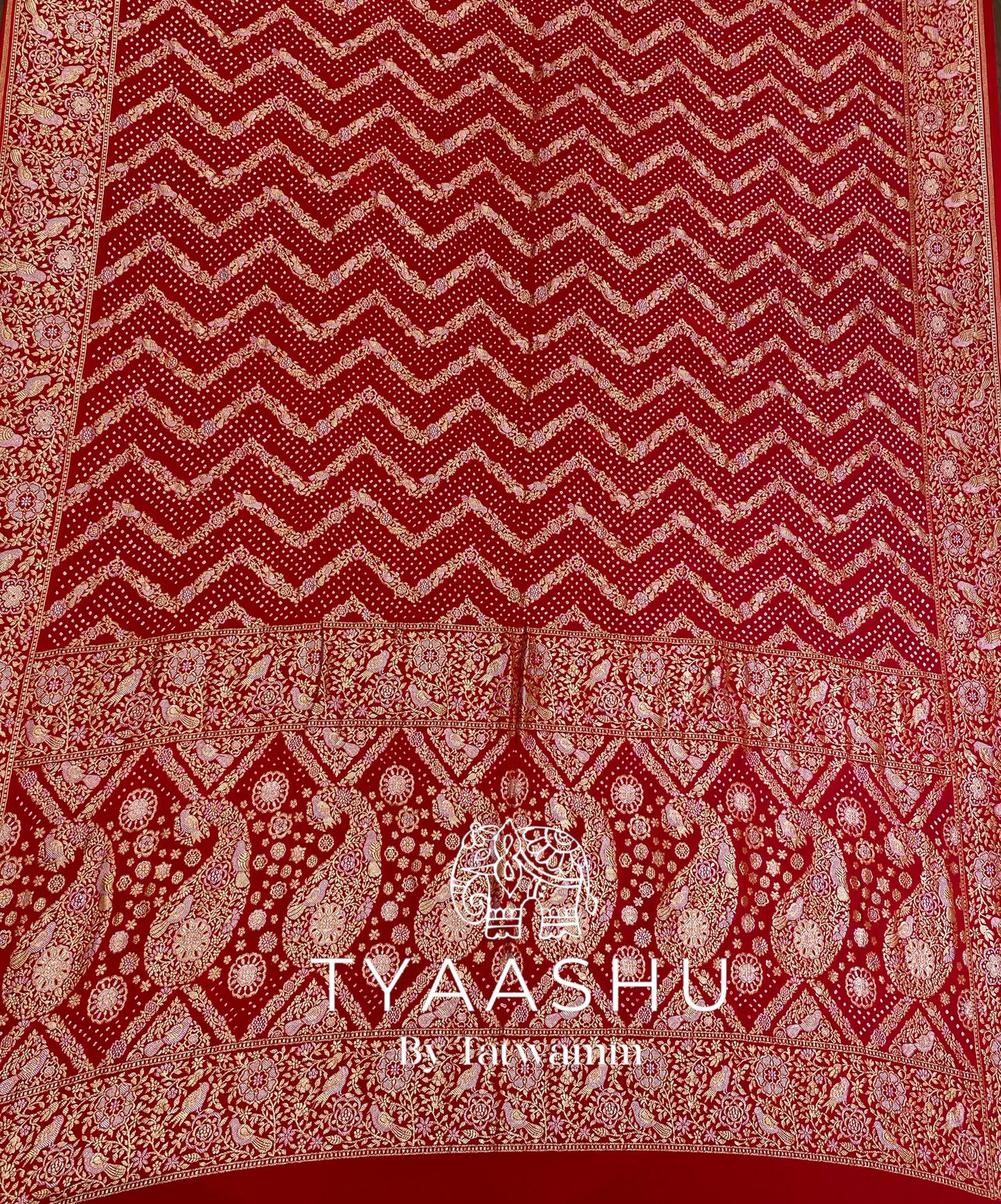 LUXURIOUS RED BANDHEJ SAREE WITH INTRICATE GOLD WEAVE