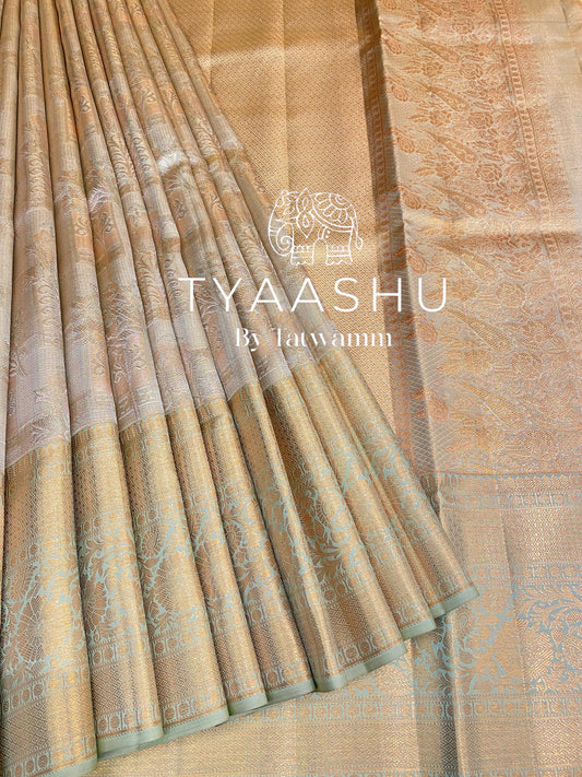 ELEGANT PASTEL GOLD AND MINT GREEN KANJIVARAM SILK SAREE