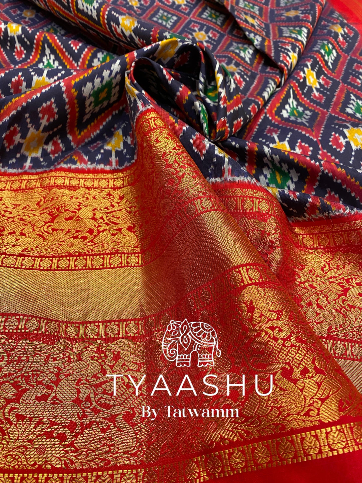 TRADITIONAL BLUE AND RED IKAT SAREE WITH GOLD ZARI WEAVE