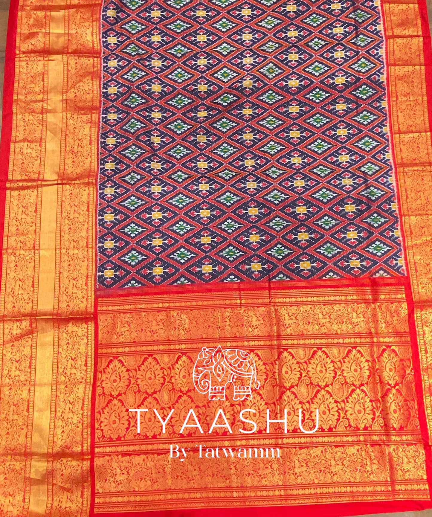 TRADITIONAL BLUE AND RED IKAT SAREE WITH GOLD ZARI WEAVE