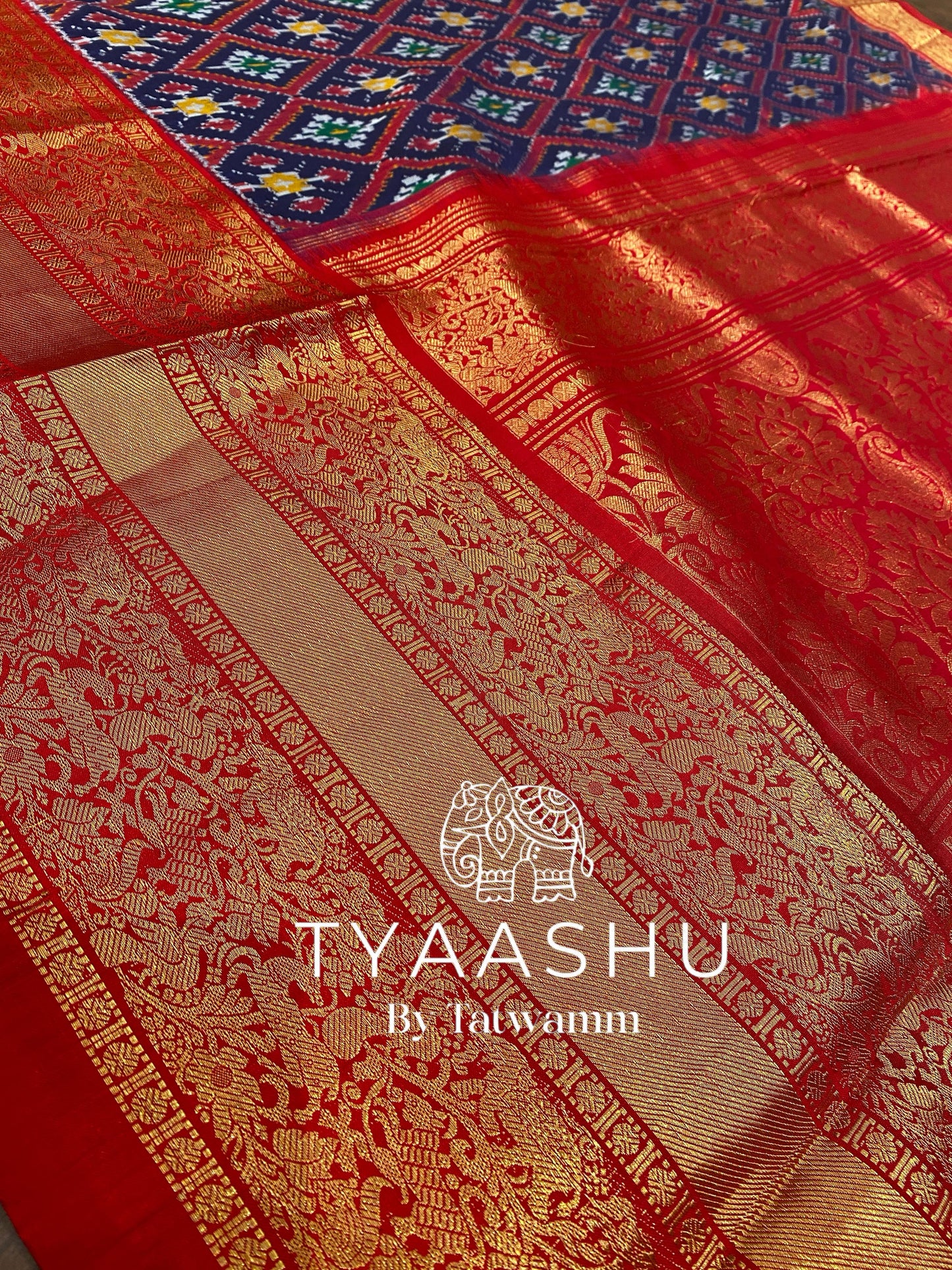 TRADITIONAL BLUE AND RED IKAT SAREE WITH GOLD ZARI WEAVE