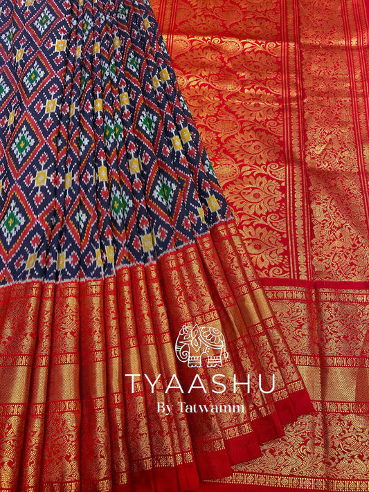 TRADITIONAL BLUE AND RED IKAT SAREE WITH GOLD ZARI WEAVE