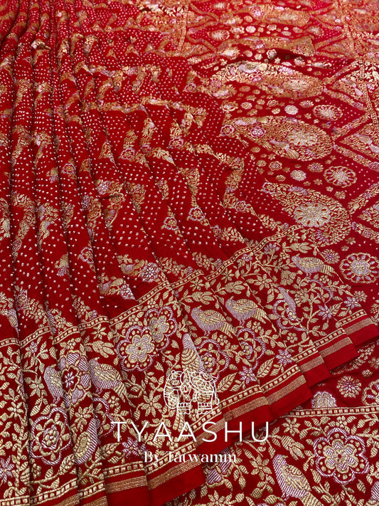 LUXURIOUS RED BANDHEJ SAREE WITH INTRICATE GOLD WEAVE