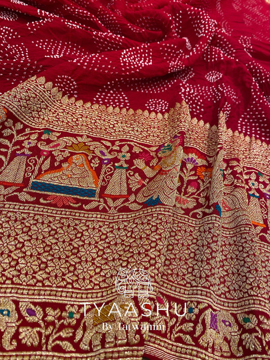 HERITAGE ZARI MEENAKARI MAROON BANDHEJ SAREE