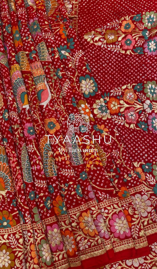 FESTIVE FLORAL BANARASI BANDHEJ SAREE IN RICH RED